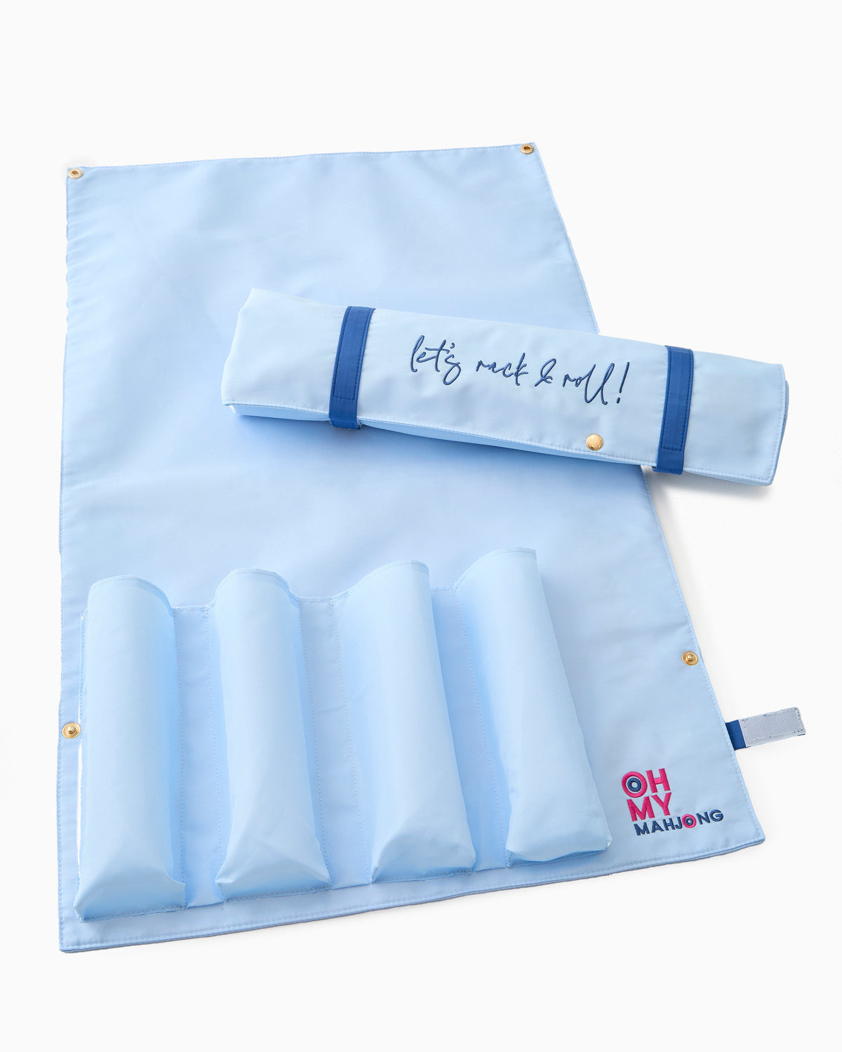 Oh My Mahjong Let's Rack & Roll bag in Light Blue, laid flat and rolled