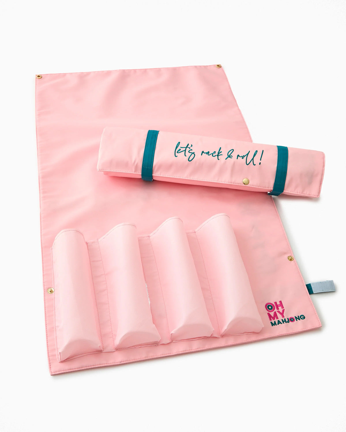 Oh My Mahjong Let's Rack & Roll bag in Light Pink, laid flat with rack slots