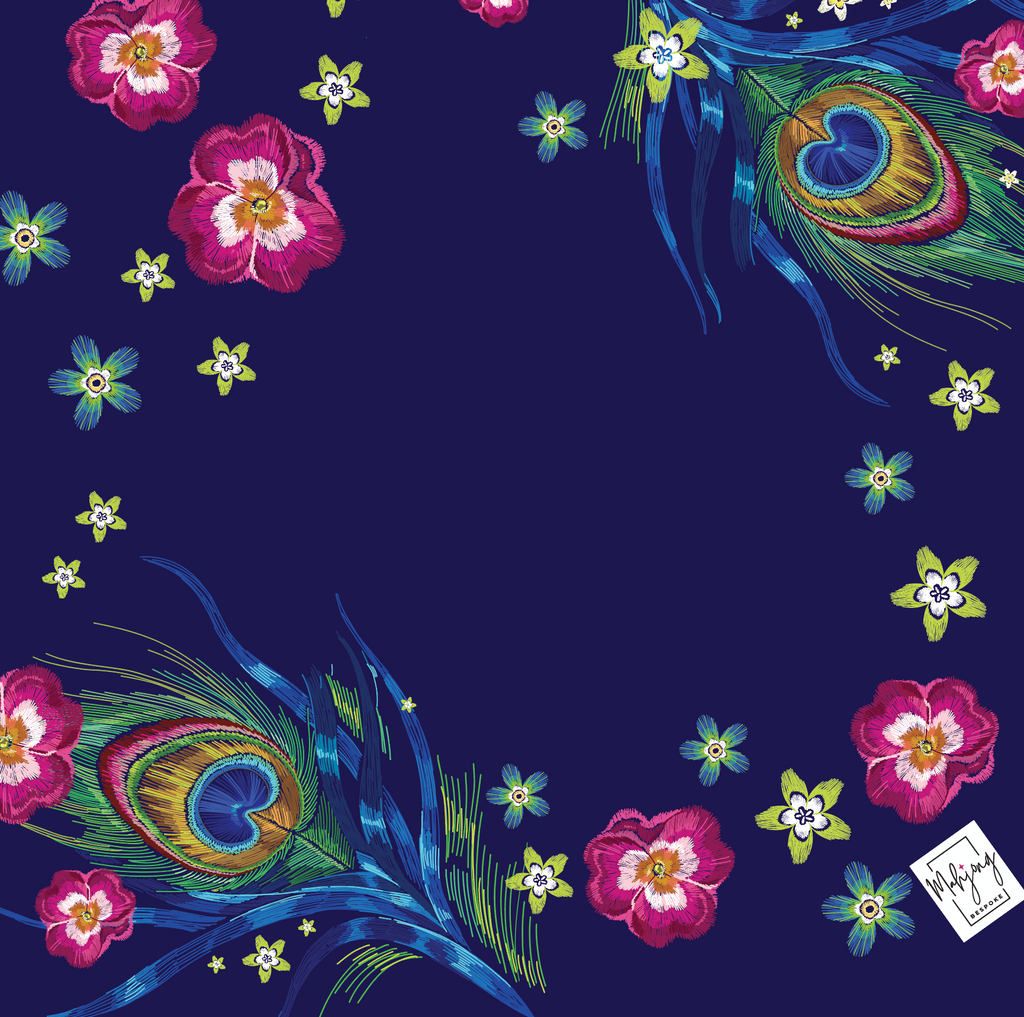 Navy side of the Darjeeling Peacock mahjong mat with peacock feathers and pink flowers