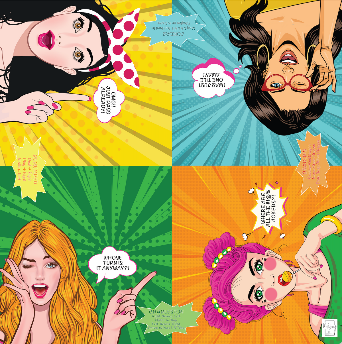 Girl Talk side of the double-sided mahjong mat with Pop Divas comic panels