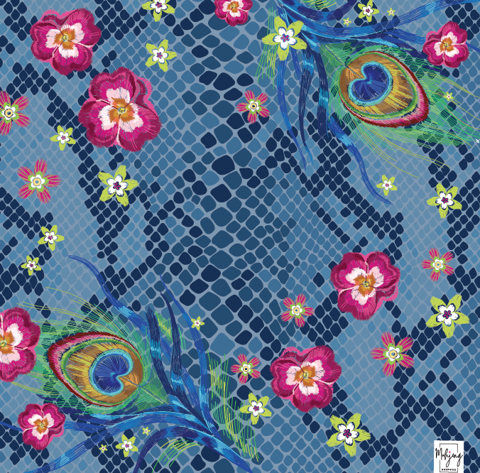 Snakeskin side of the Darjeeling Peacock mahjong mat with peacock feathers and pink flowers