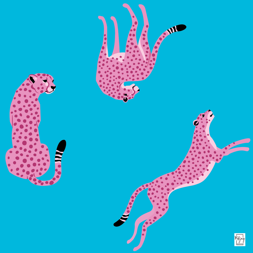 Bespoke Mahjong Flirty Leopards Vivid Blue mahjong mat laid flat, pink leopards on bright blue