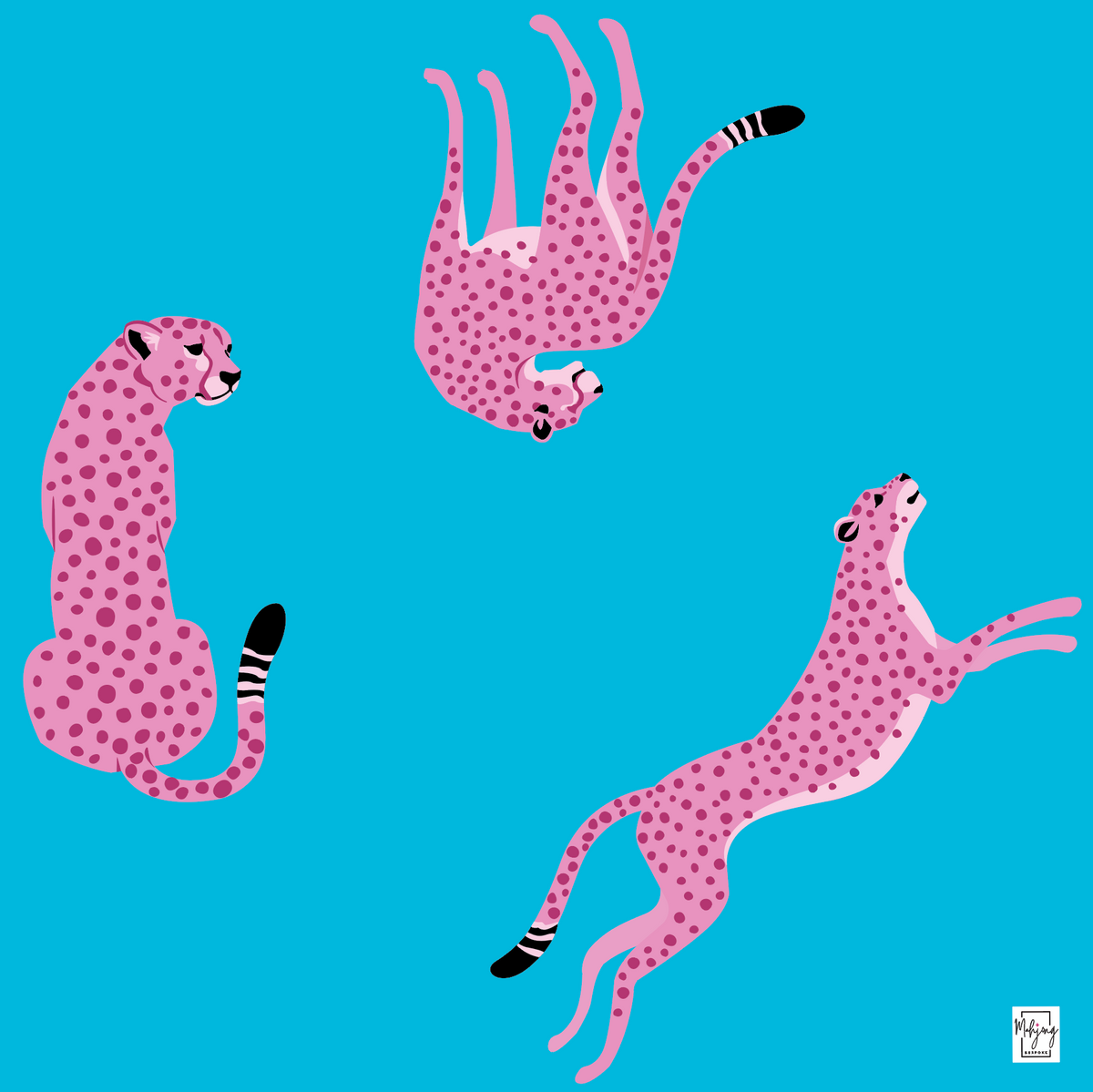 Bespoke Mahjong Flirty Leopards Vivid Blue mahjong mat laid flat, pink leopards on bright blue