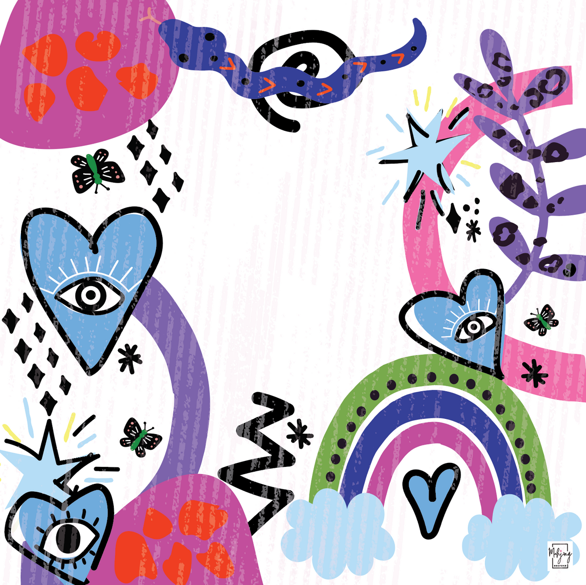 Bespoke Mahjong Lucky Charms Part Deux mahjong mat laid flat, evil-eye hearts and rainbows on white