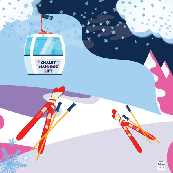 The Chalet side of the double-sided mahjong mat, gondola and skis on snowy slopes