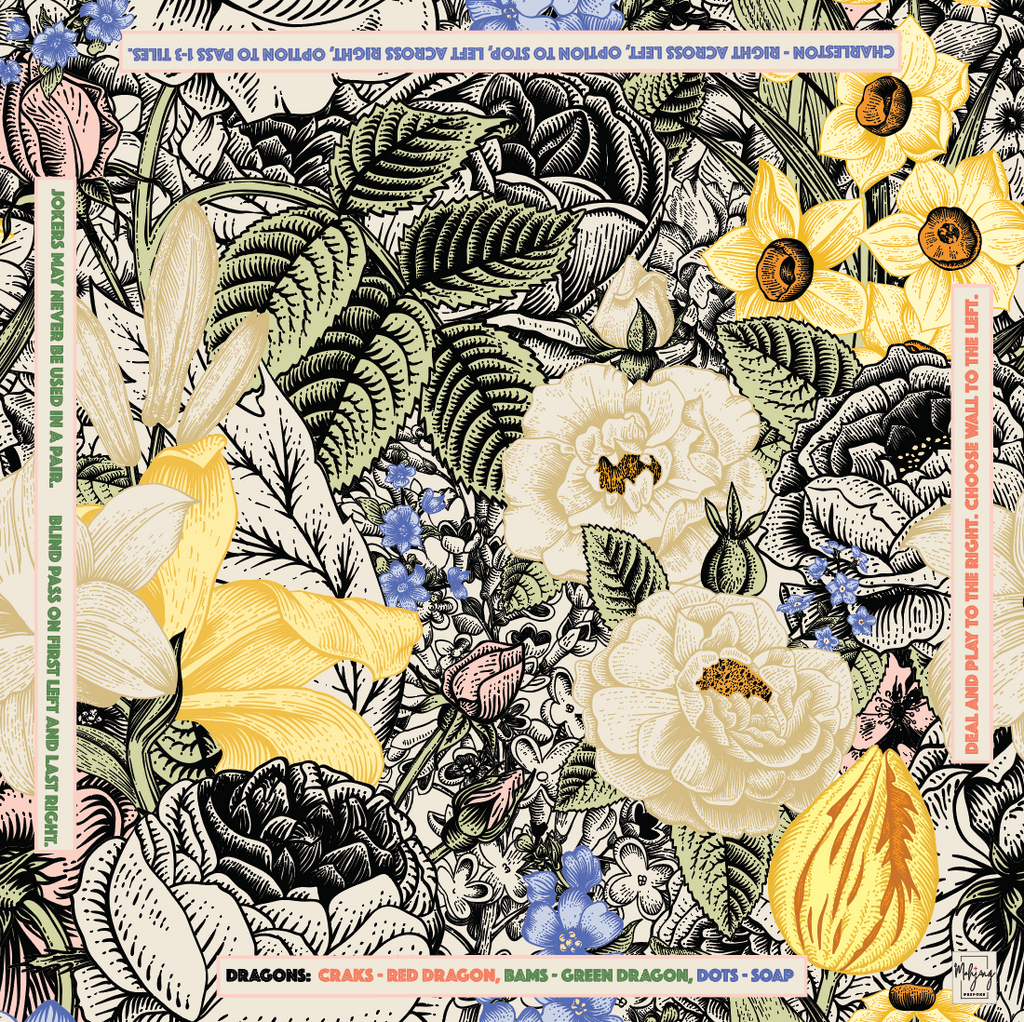 Bespoke Mahjong Vintage Floral instructional mahjong mat laid flat, bold vintage blooms with game reference notes