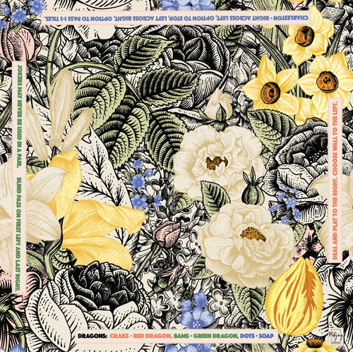 Bespoke Mahjong Vintage Floral instructional mahjong mat laid flat, bold vintage blooms with game reference notes