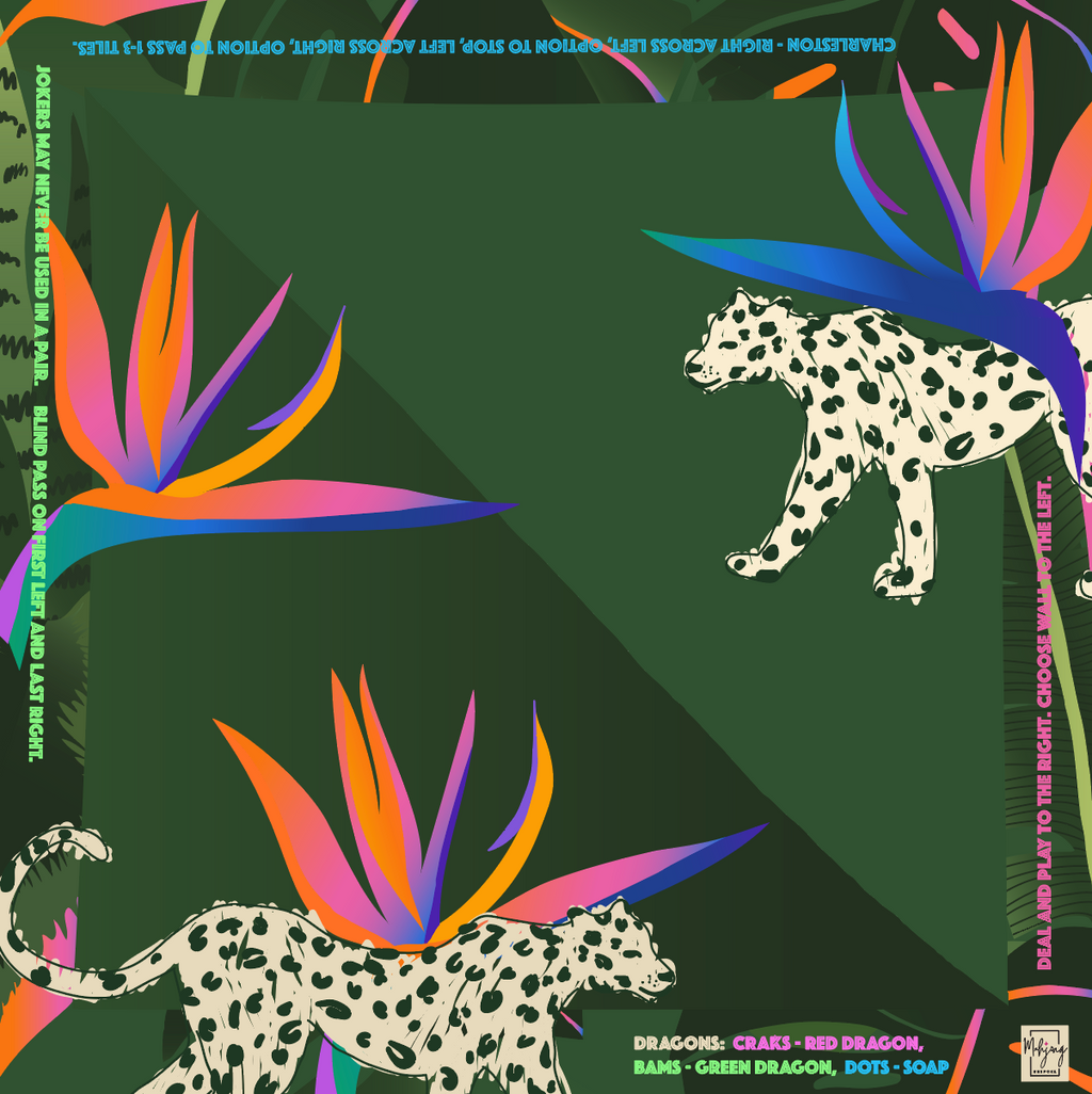 Bespoke Mahjong Cheetah Couture instructional mahjong mat laid flat, cheetahs and birds of paradise on forest green