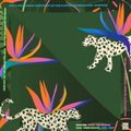 Bespoke Mahjong Cheetah Couture instructional mahjong mat laid flat, cheetahs and birds of paradise on forest green