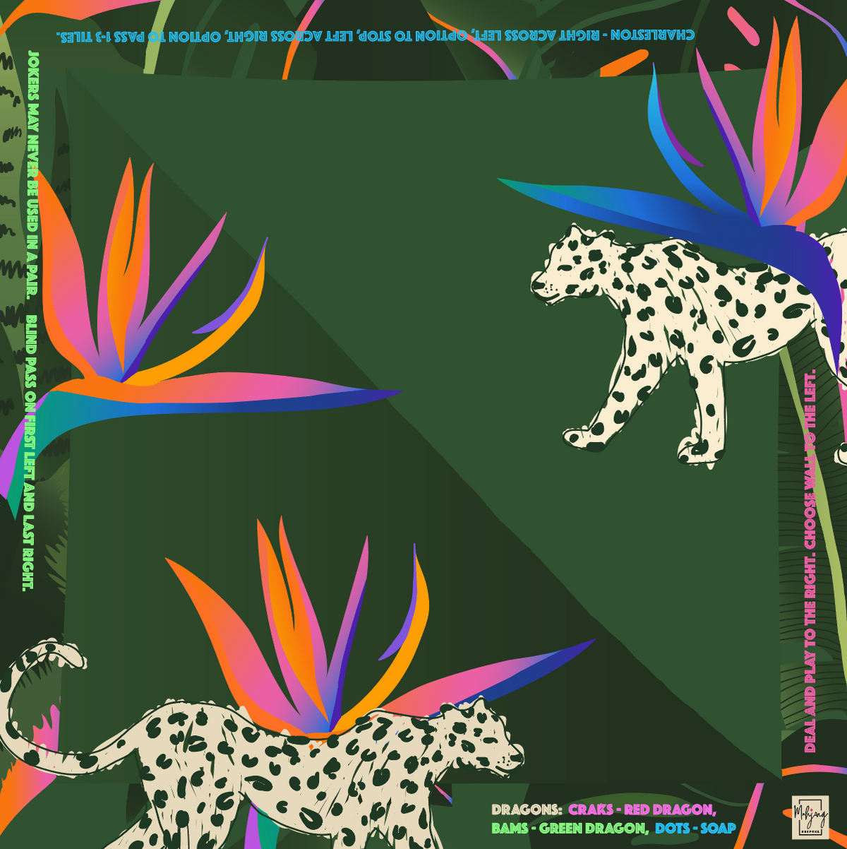 Bespoke Mahjong Cheetah Couture instructional mahjong mat laid flat, cheetahs and birds of paradise on forest green