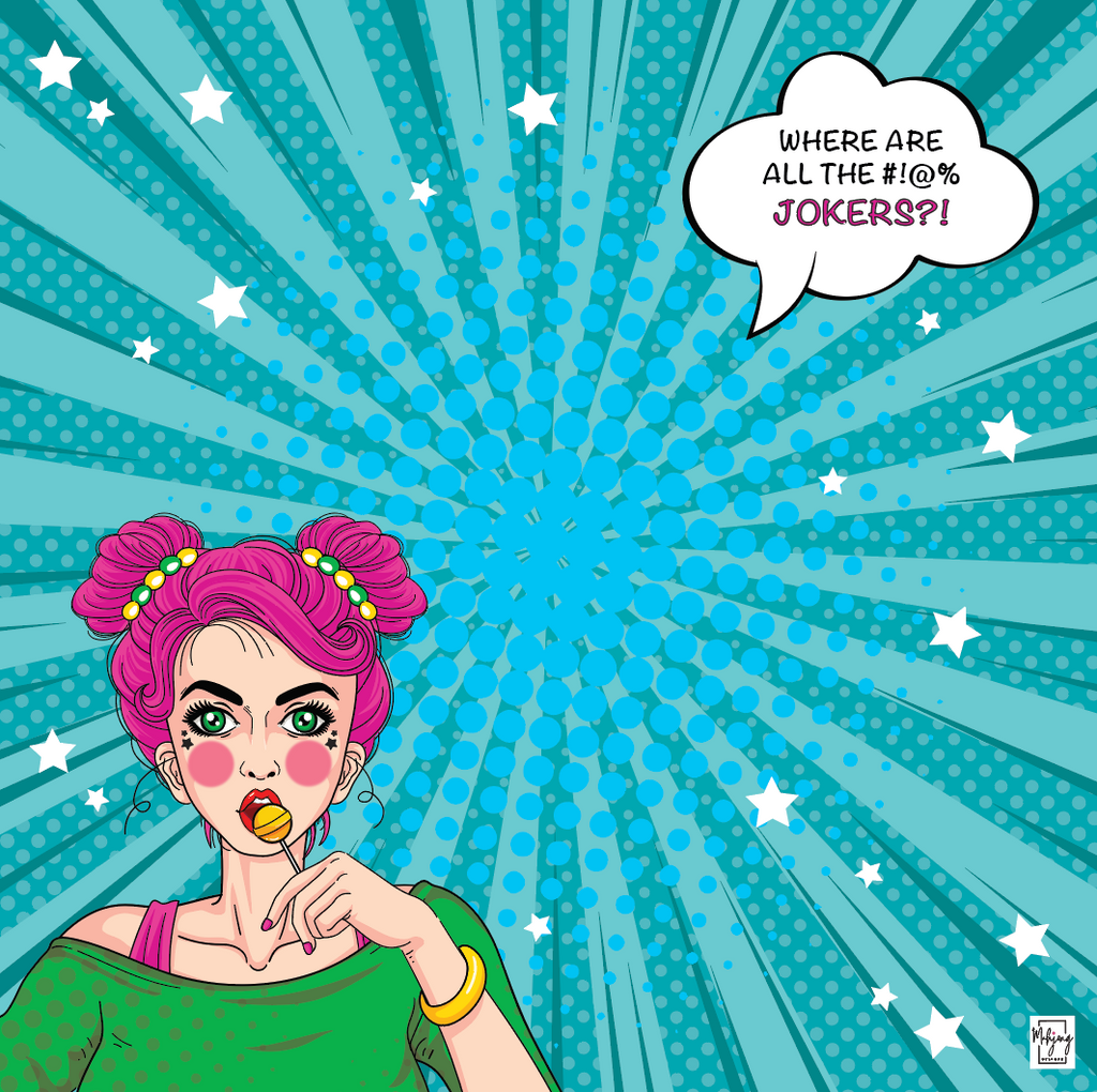 "Who has all the Jokers" side of the Girl Talk mahjong mat on a turquoise starburst