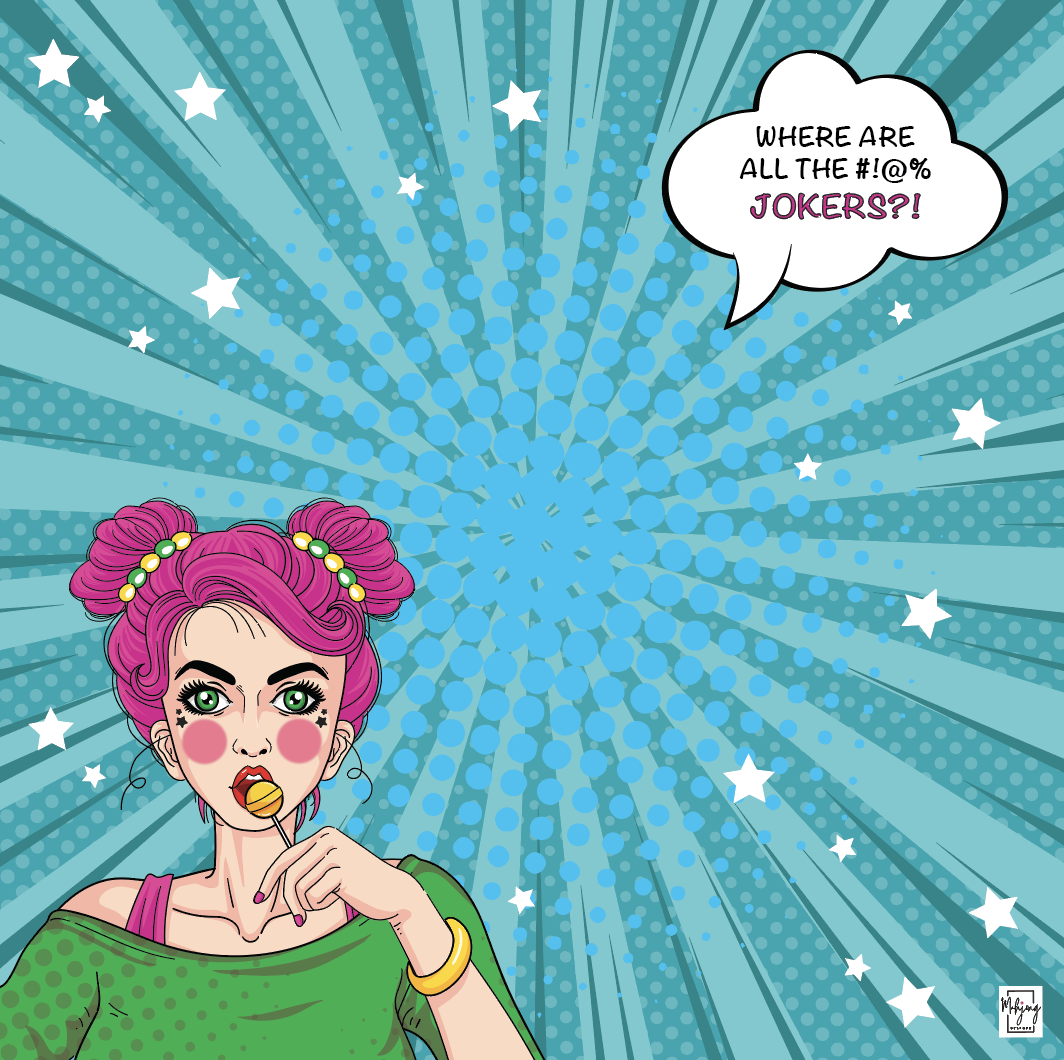 "Who has all the Jokers" side of the Girl Talk mahjong mat on a turquoise starburst