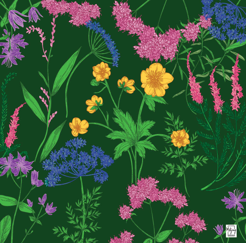 Bespoke Mahjong Garden Glow Emerald Green mahjong mat laid flat, wildflowers on deep green