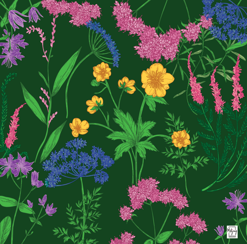 Bespoke Mahjong Garden Glow Emerald Green mahjong mat laid flat, wildflowers on deep green