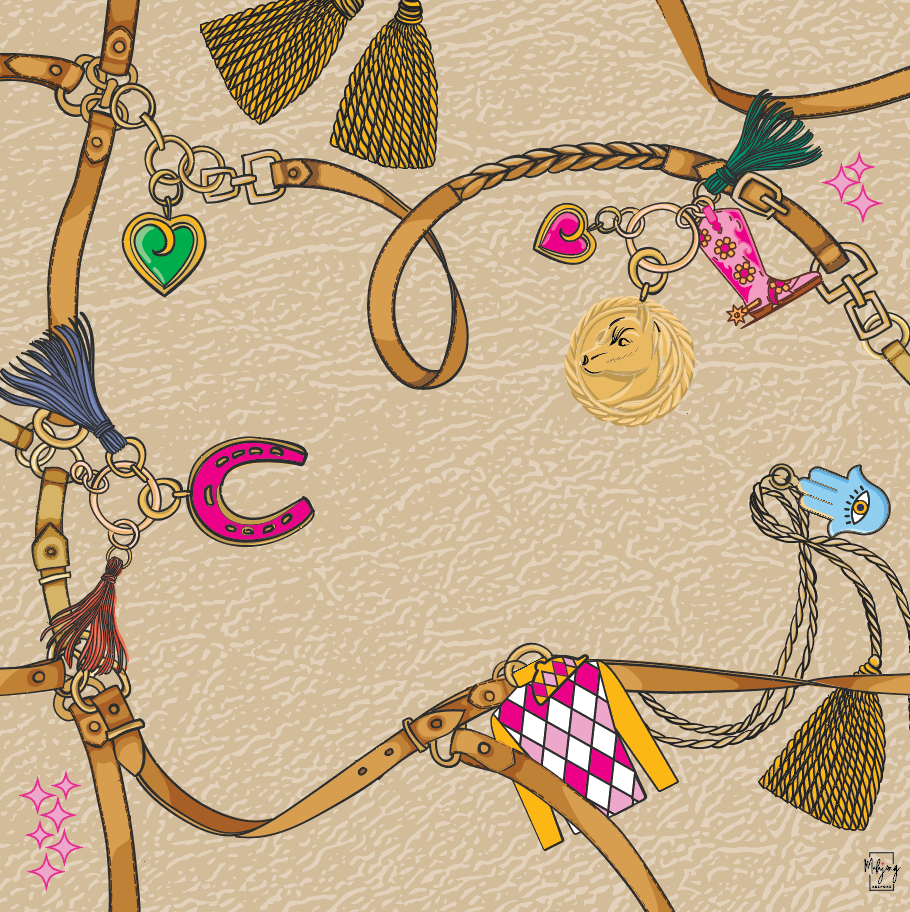 Cream leather-look side of the Year of the Horse mahjong mat with gold chains and lucky charms