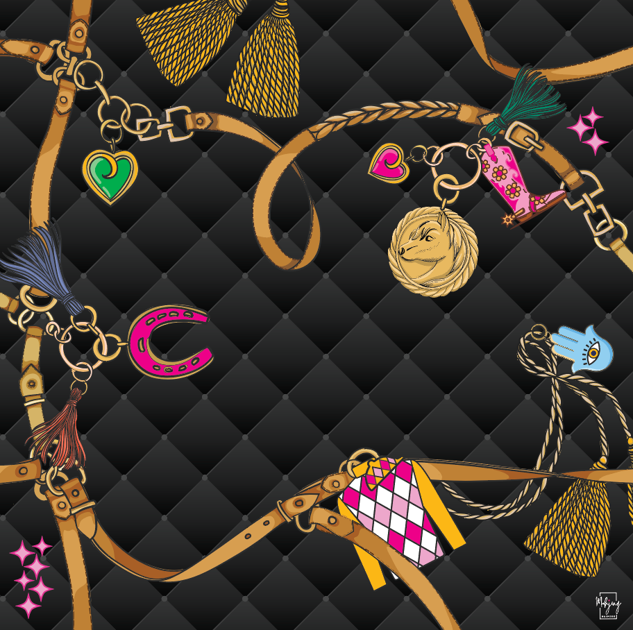 Black pleated side of the Year of the Horse mahjong mat with gold chains and lucky charms