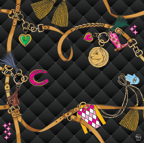 Black pleated side of the Year of the Horse mahjong mat with gold chains and lucky charms