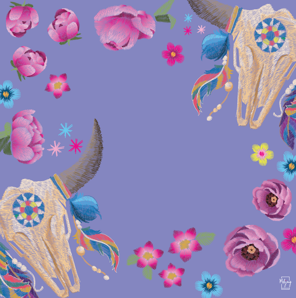 Bespoke Mahjong Luxe Longhorn mahjong mat laid flat, longhorn skulls and florals on a lavender background