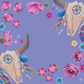 Bespoke Mahjong Luxe Longhorn mahjong mat laid flat, longhorn skulls and florals on a lavender background