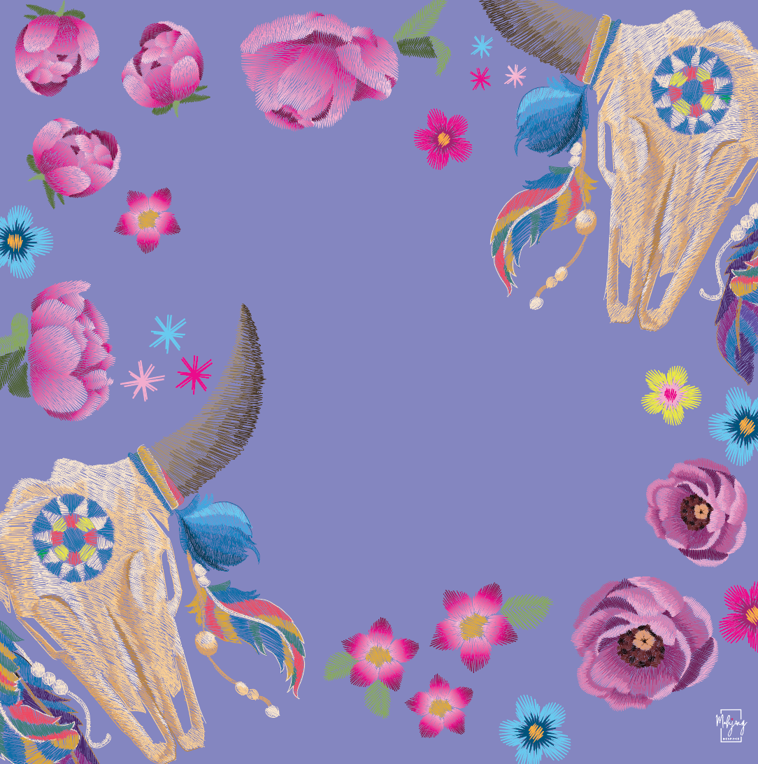 Bespoke Mahjong Luxe Longhorn mahjong mat laid flat, longhorn skulls and florals on a lavender background