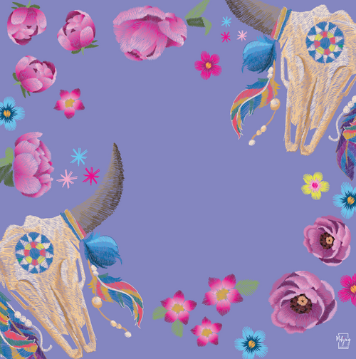Bespoke Mahjong Luxe Longhorn mahjong mat laid flat, longhorn skulls and florals on a lavender background