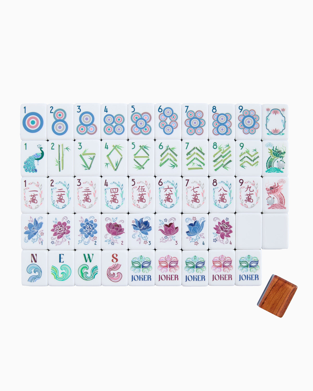 One of each Oh My Mahjong Smith tile face laid out in rows: dots, bams, craks, flowers, winds, and jokers, with a woodgrain tile back