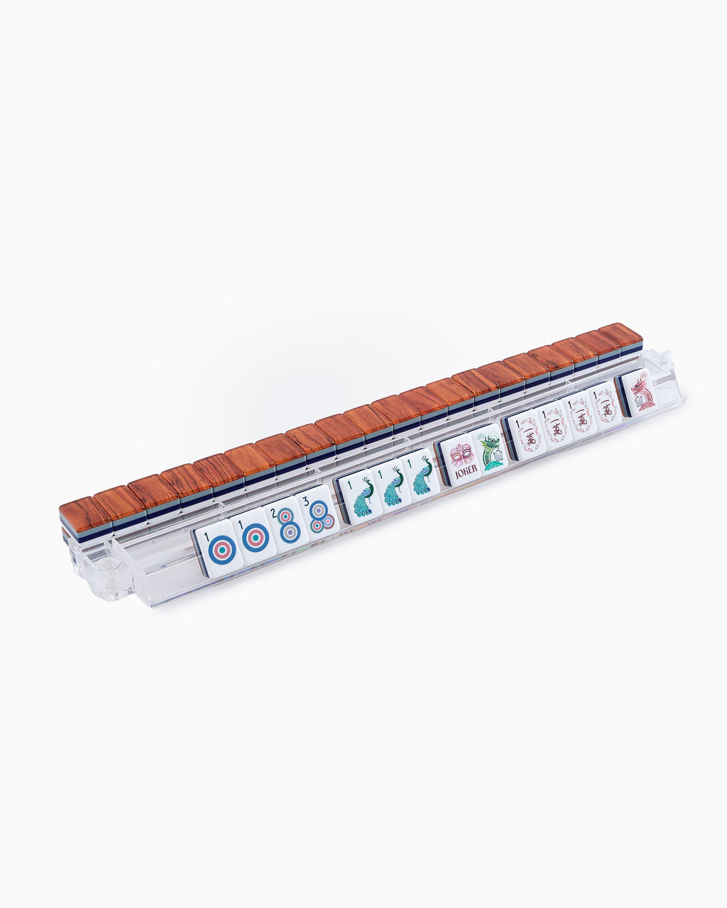 Smith mahjong tiles on a clear acrylic rack, a row of face-up tiles in front and woodgrain tile backs lined up behind