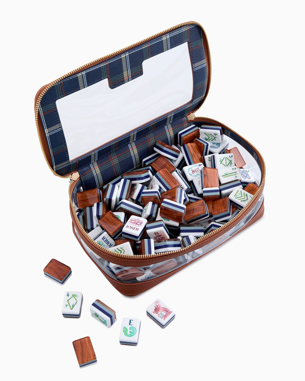 Oh My Mahjong Smith tiles shown in an open plaid-lined leather zip case; case sold separately