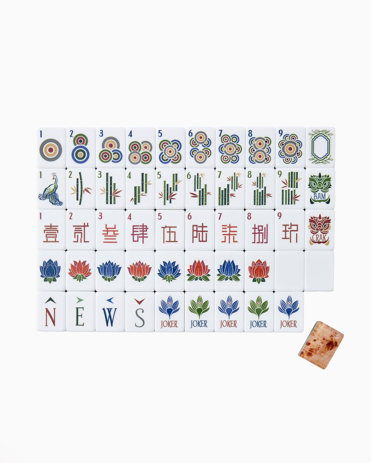 Oh My Mahjong Heritage mahjong tile set laid out, classic iconography with sage and olive edges