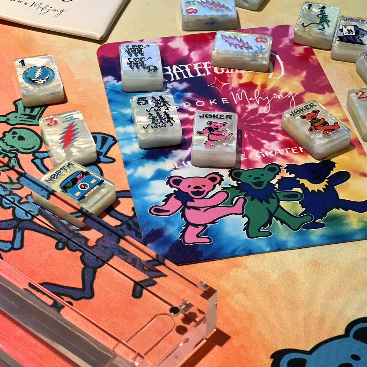 Close view of the tie dye side with Grateful Dead tiles and racks; tiles and racks sold separately