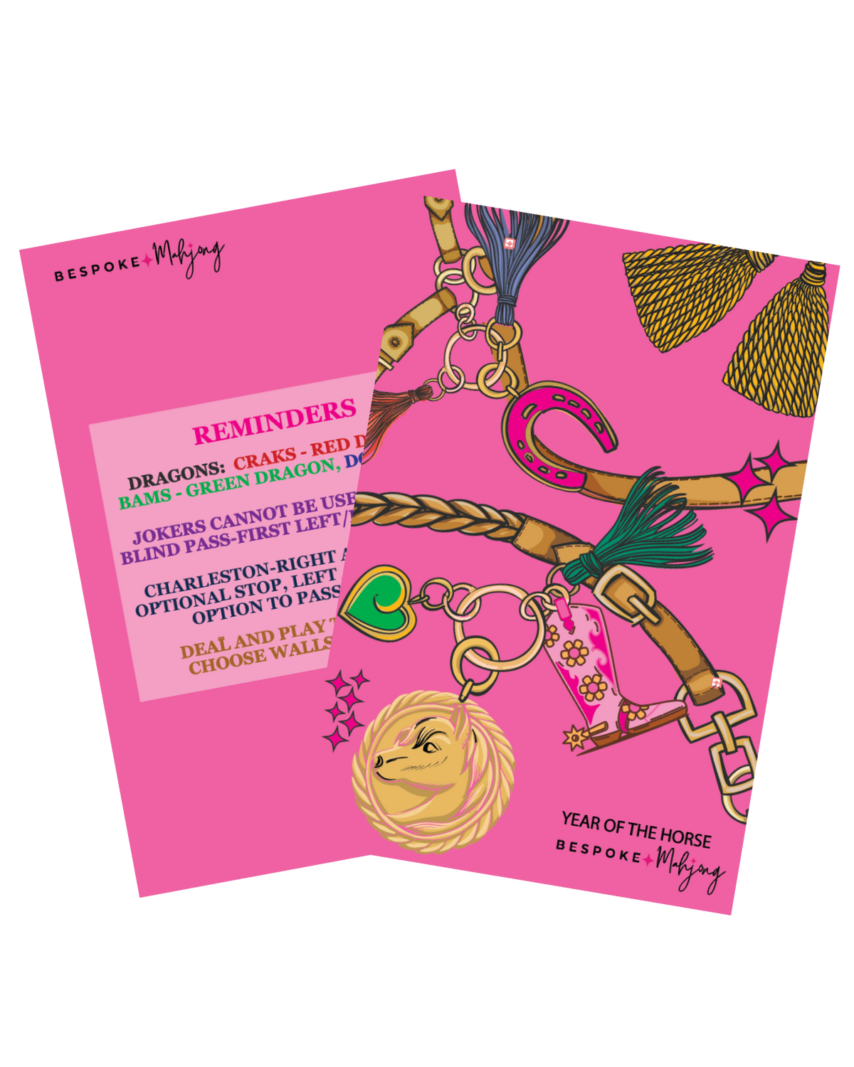 Bespoke Mahjong Year of the Horse tile shufflers, set of 2, gold chains and charms on hot pink