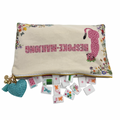 Bespoke Mahjong Springtime Safari canvas tile bag with pink leopard, floral trim, and puffy heart zipper pull, tiles spilling out; tiles sold separately