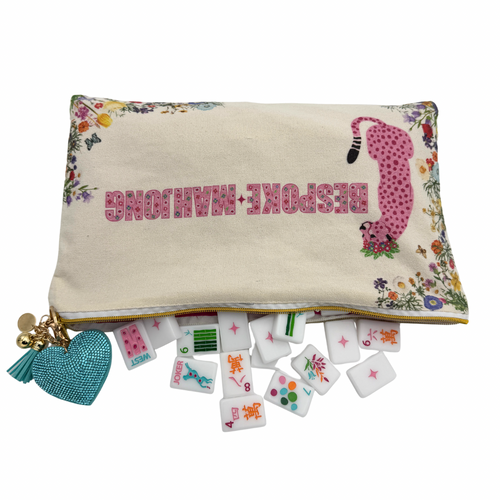 Bespoke Mahjong Springtime Safari canvas tile bag with pink leopard, floral trim, and puffy heart zipper pull, tiles spilling out; tiles sold separately