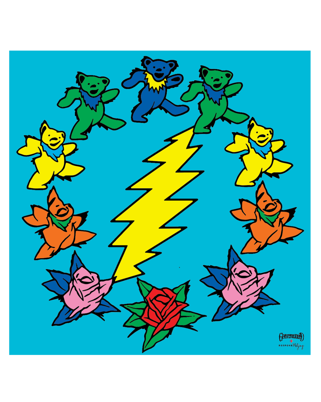 Dancing Bears in Bloom turquoise side of the Grateful Dead mahjong mat with lightning bolt and roses