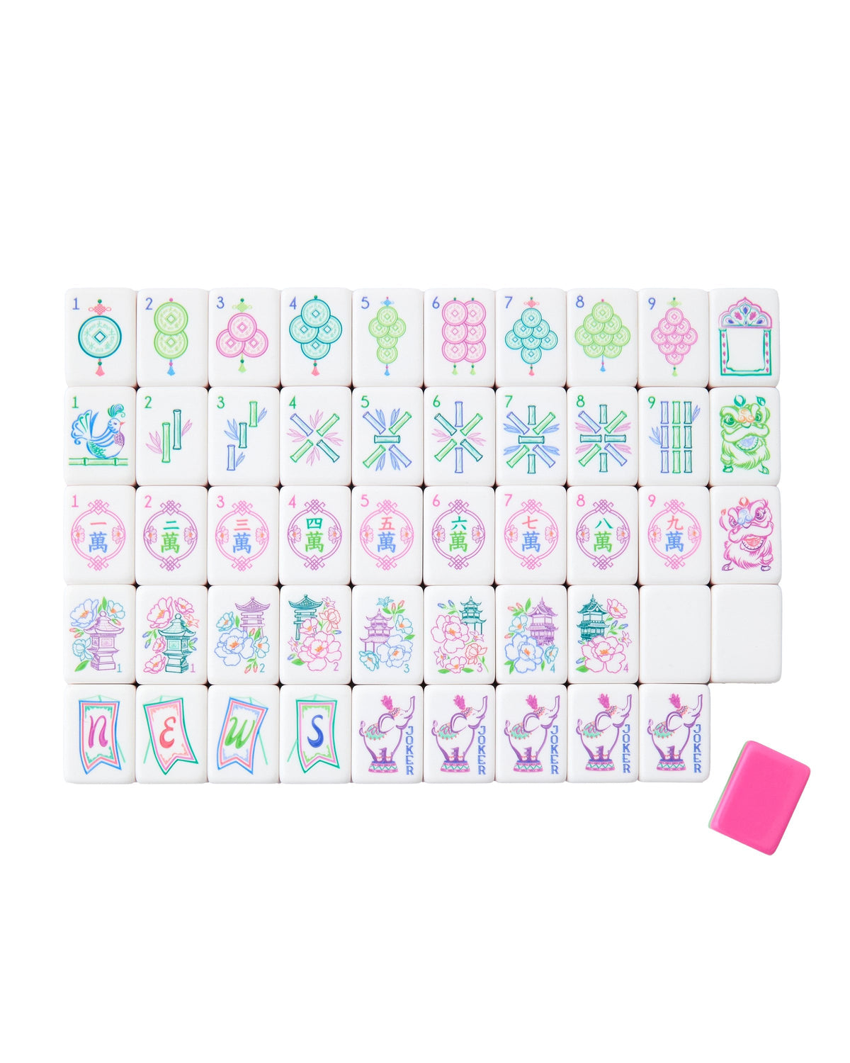 Oh My Mahjong Amara mahjong tile set laid out, pink and green florals on white tiles