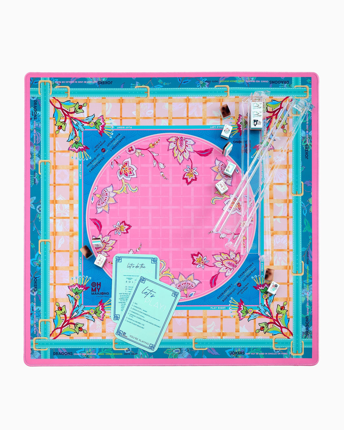 Anastasia mahjong mat set up with racks; tiles and racks sold separately