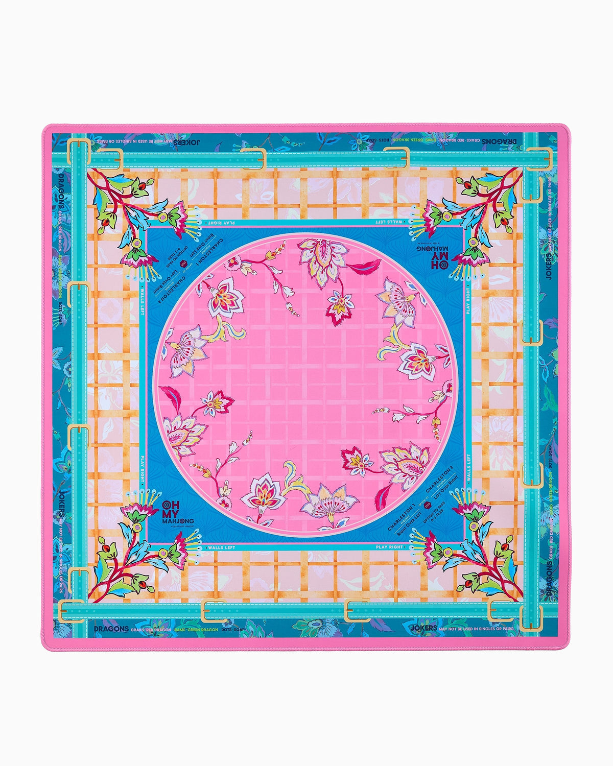 Oh My Mahjong Anastasia mahjong mat laid flat, florals and lattice in blush, turquoise, mint, and gold