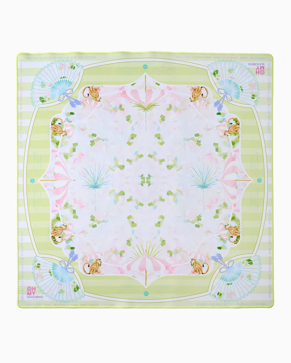 Oh My Mahjong Capri instructional mahjong mat laid flat in purple, pink, and green