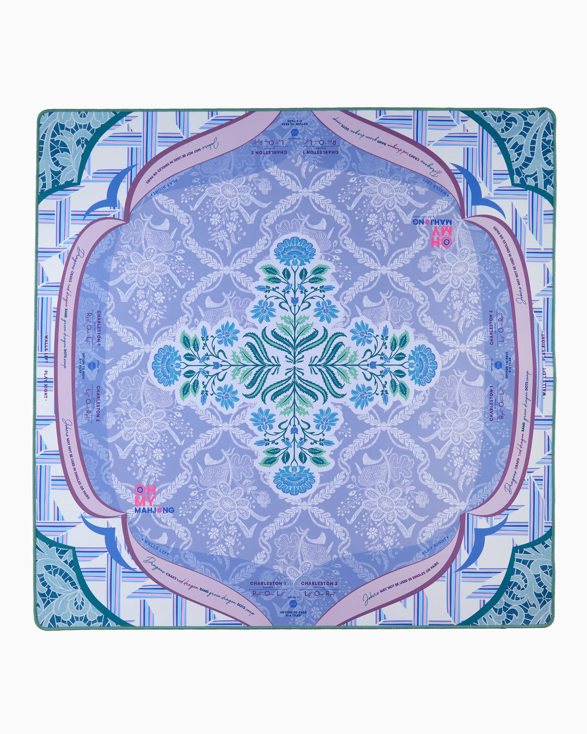 Oh My Mahjong Chantilly mahjong mat laid flat, lace-inspired medallions in powder blue, sage, and blush