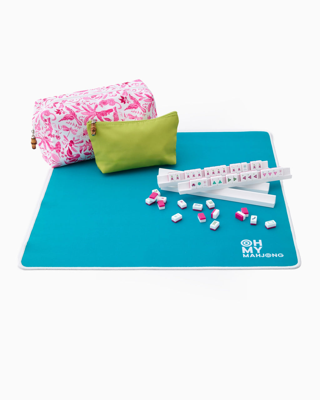 Charleston travel set laid out on its teal mat with racks and tiles