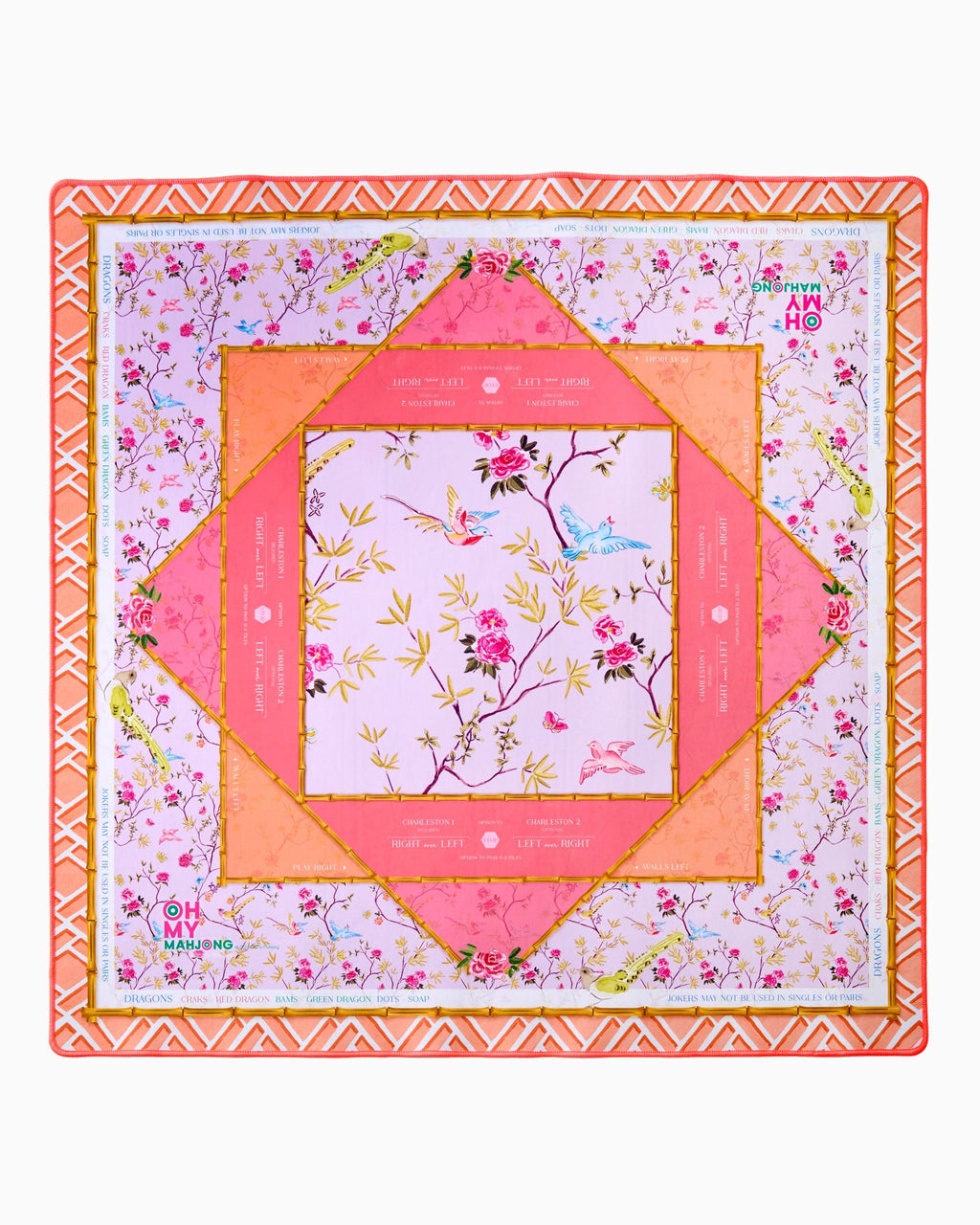 Oh My Mahjong Goldie mahjong mat laid flat, florals and songbirds in blush, coral, and gold