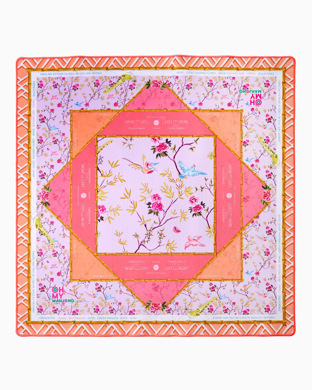 Oh My Mahjong Goldie mahjong mat laid flat, florals and songbirds in blush, coral, and gold