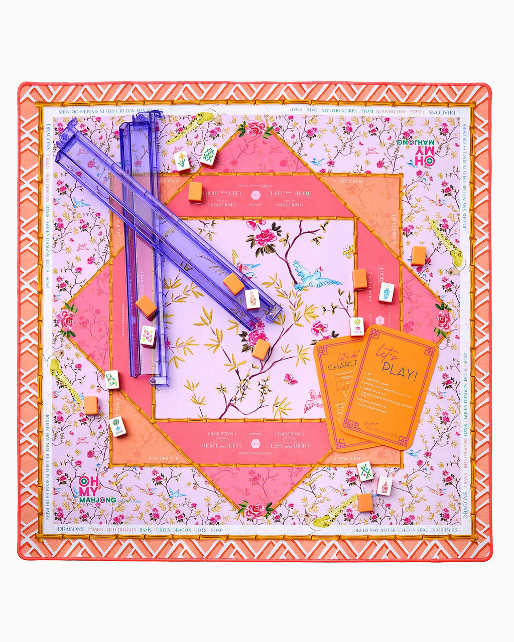 Goldie mahjong mat set up with racks; tiles and racks sold separately