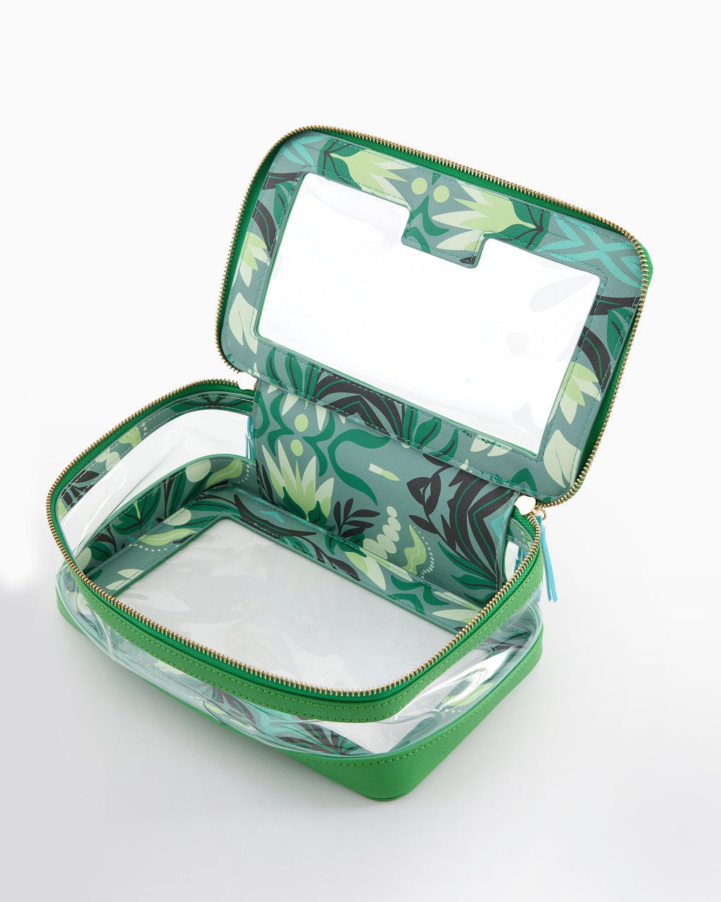 Green tile storage bag open showing patterned lining