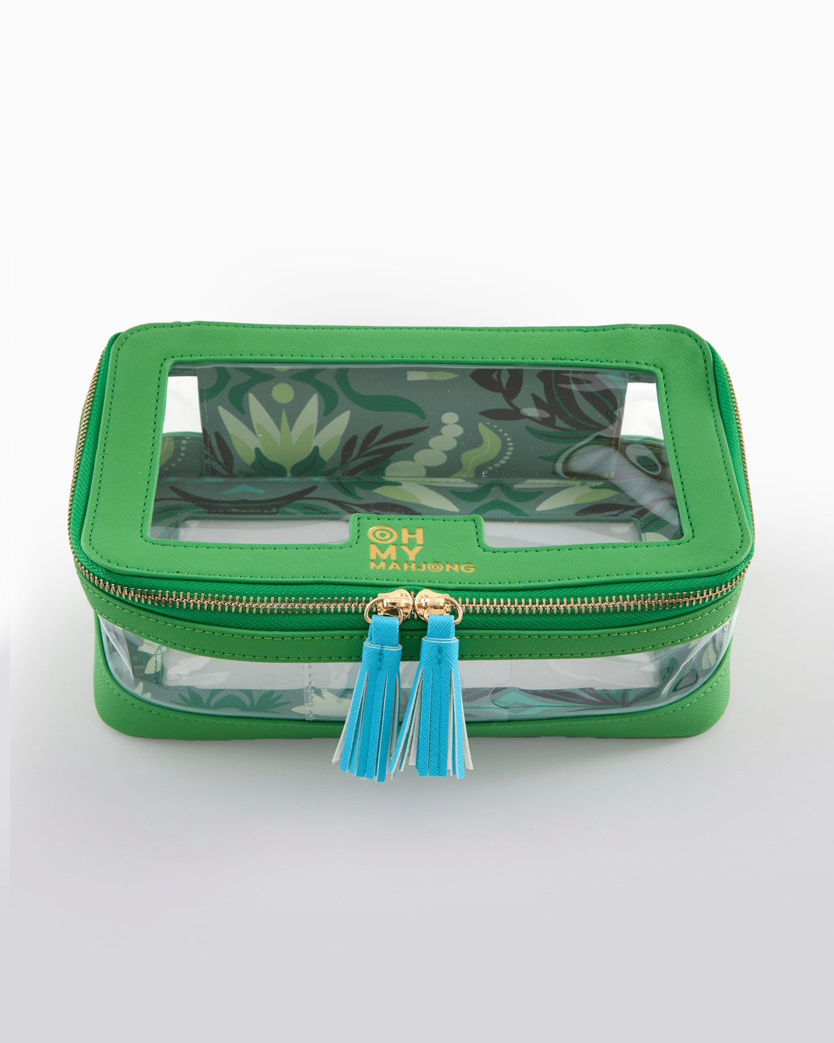 Oh My Mahjong Green tile storage bag with clear window and tassel zipper pulls