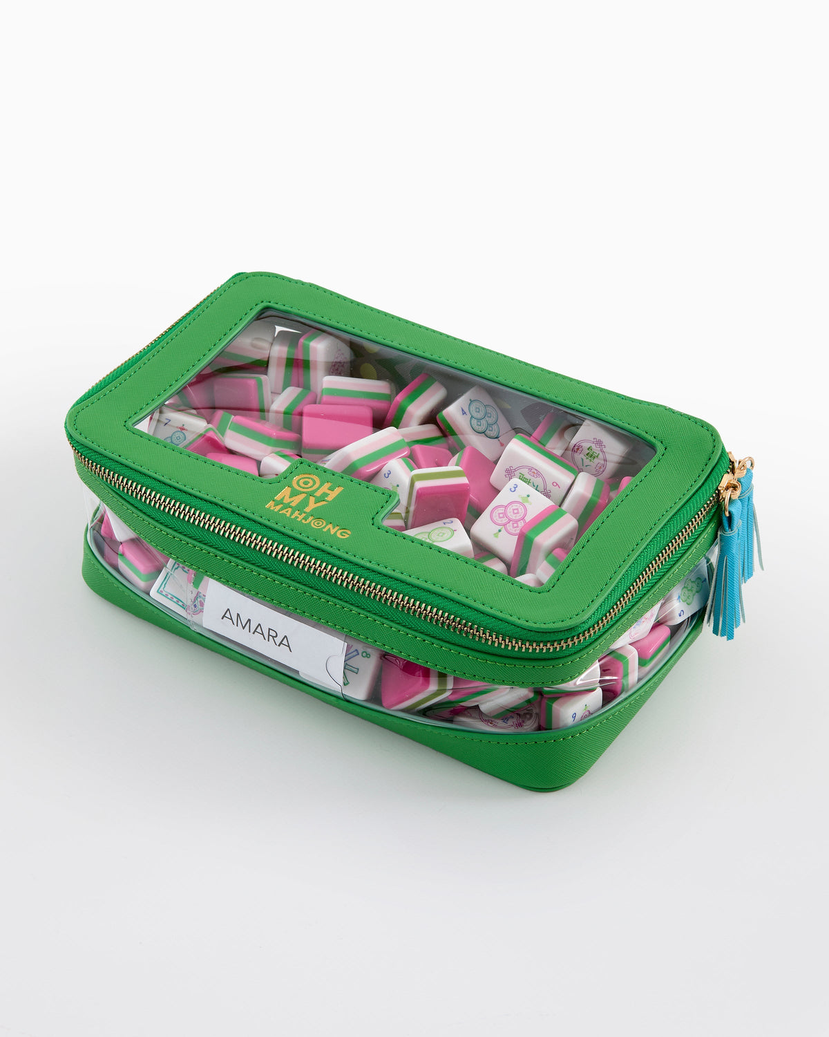 Green tile storage bag filled with mahjong tiles; tiles sold separately