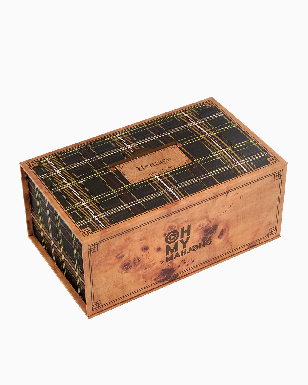 Heritage tile set product box with burl wood design