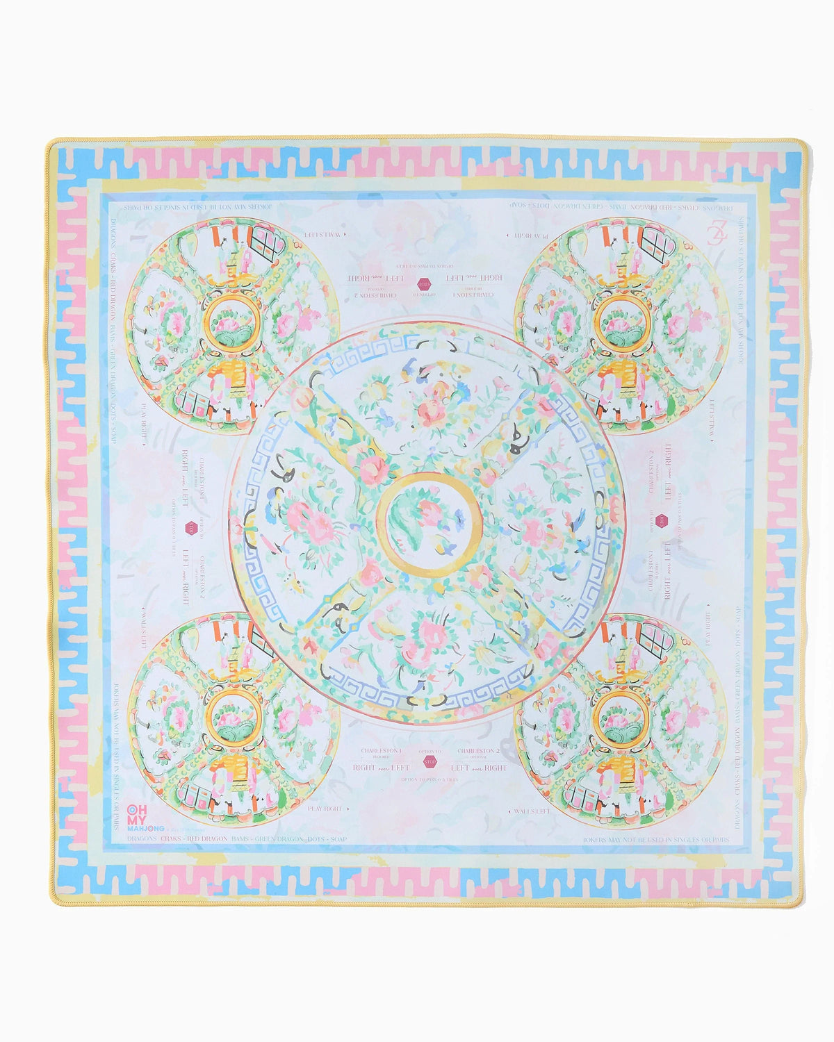 Oh My Mahjong x CoCo Zentner Imperial instructional mahjong mat laid flat in light hues with regal motifs