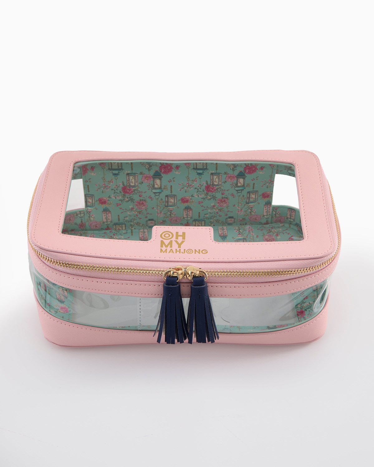 Oh My Mahjong Light Pink tile storage bag with clear window and navy tassel pulls