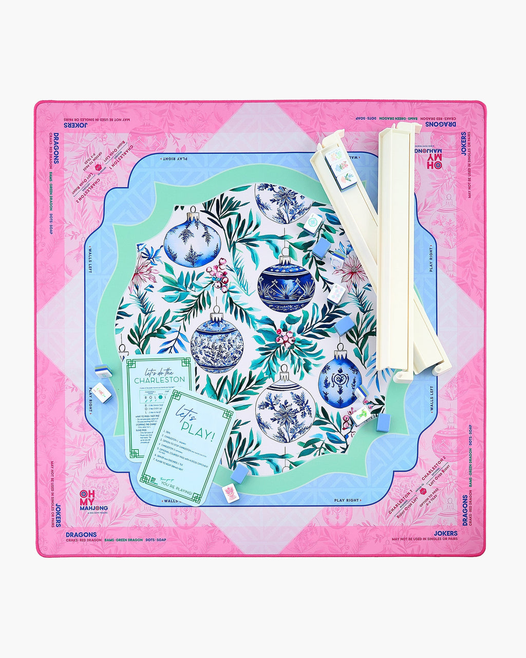 Merriment mahjong mat set up with racks; tiles and racks sold separately
